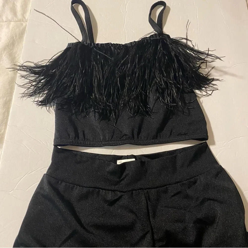 Kelle dance black feather costume 2 piece wide leg pants top 2900 3806 teen
